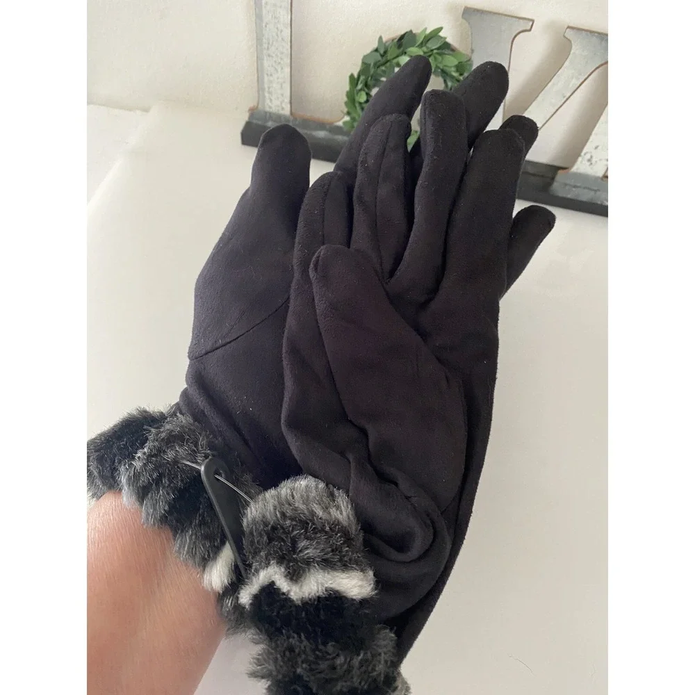 Vintage XS Women's Faux Fur Trim Gloves Winter Warm Black Gray Animal Print New